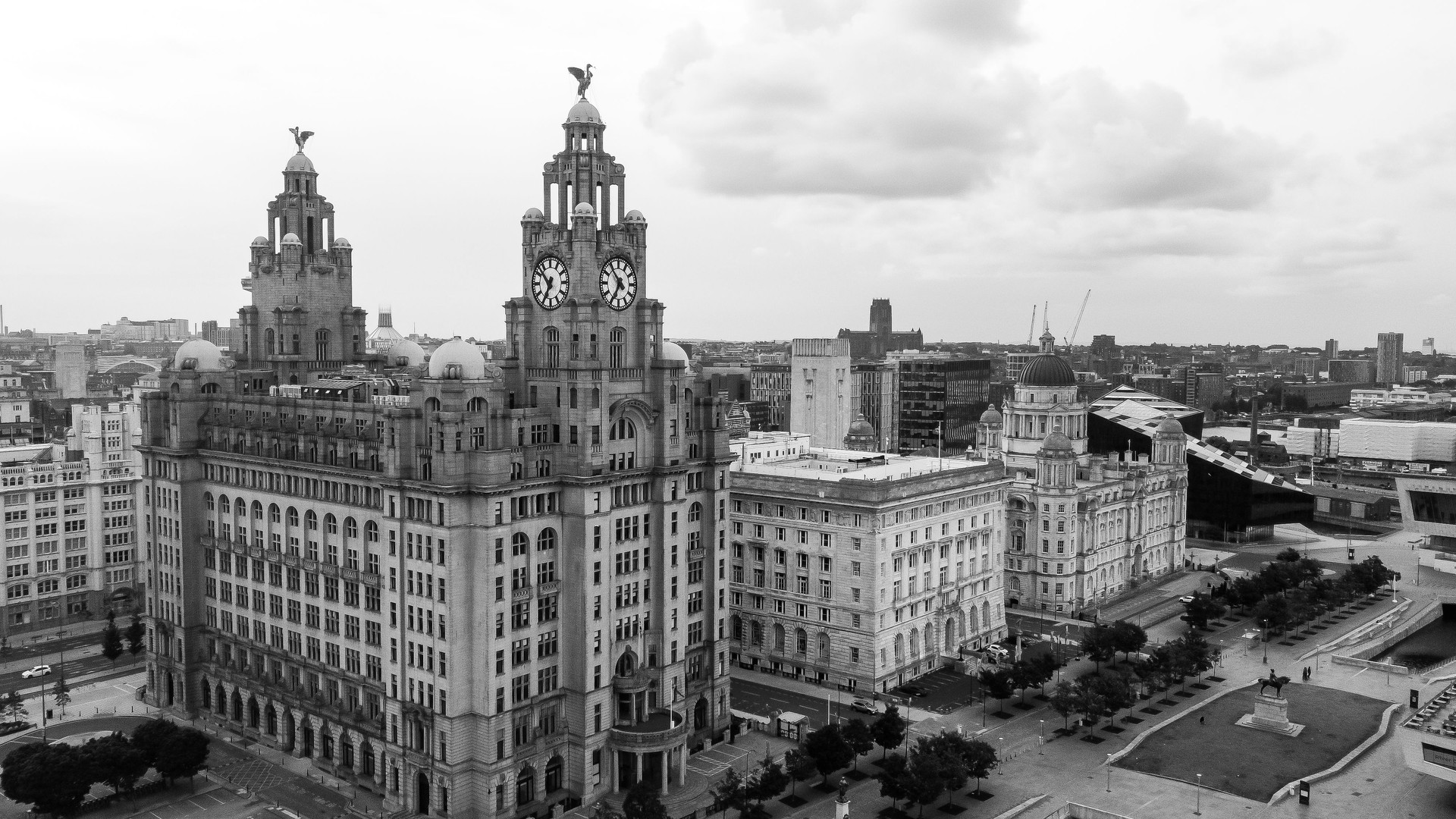 Aerial black and white view of the Royal Liver Building and waterfront buildings, Liverpool, Merseyside, England, Britain